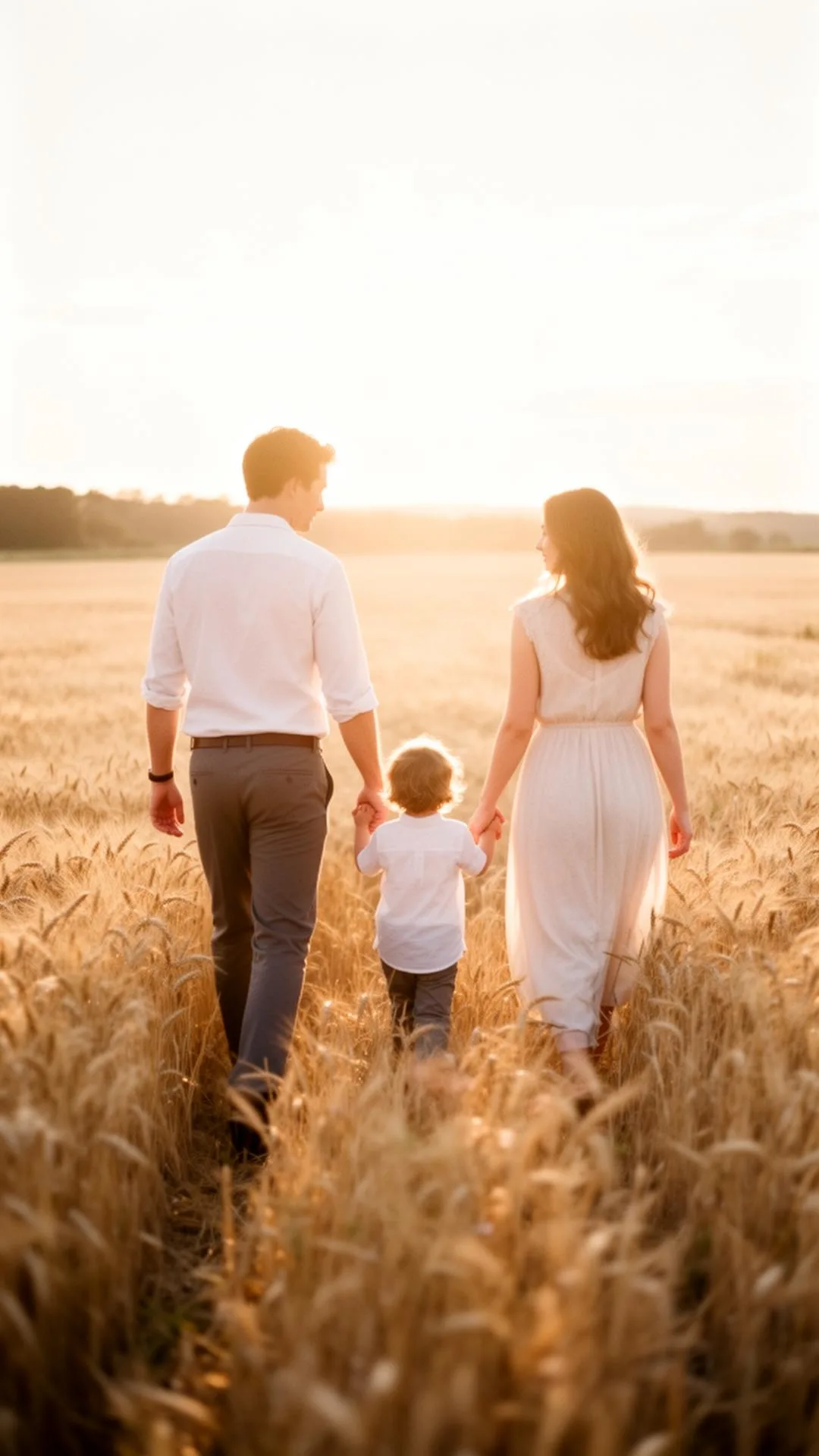 Famiglia con bambino in un campo di grano al tramonto